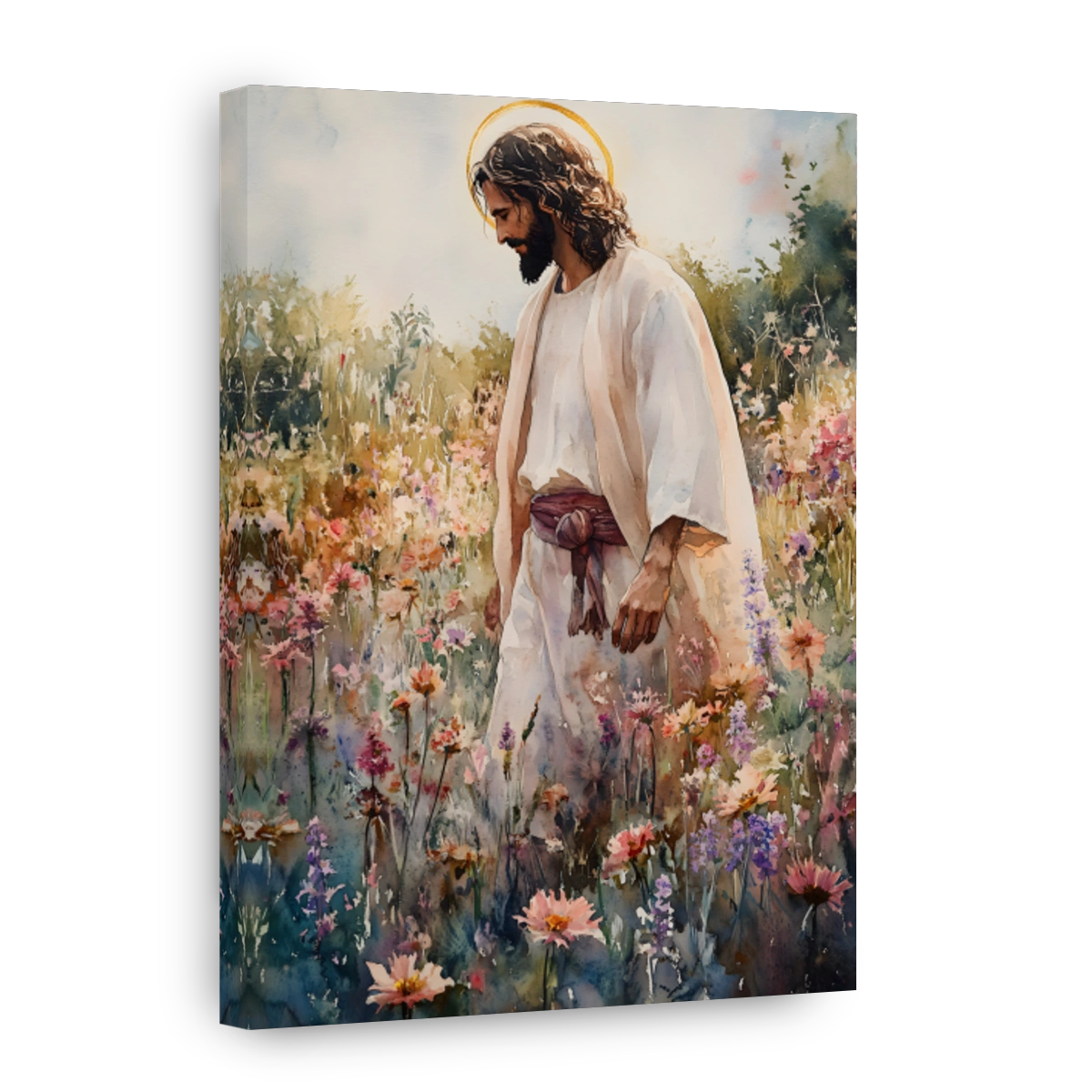 Jesus Walking Through a Field of Flowers